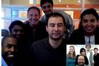 The COTELCO staff at Syracuse University chat with the COTELCO staff at AU (inset) via webcam. Photo courtesy of Professor Derrick L. Cogburn.